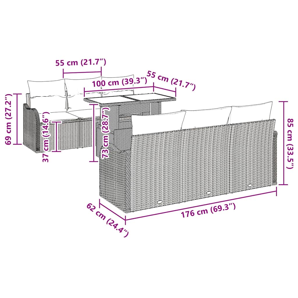 Ensemble de canapé de jardin 7 pcs Marron Poly rotin - XIOS