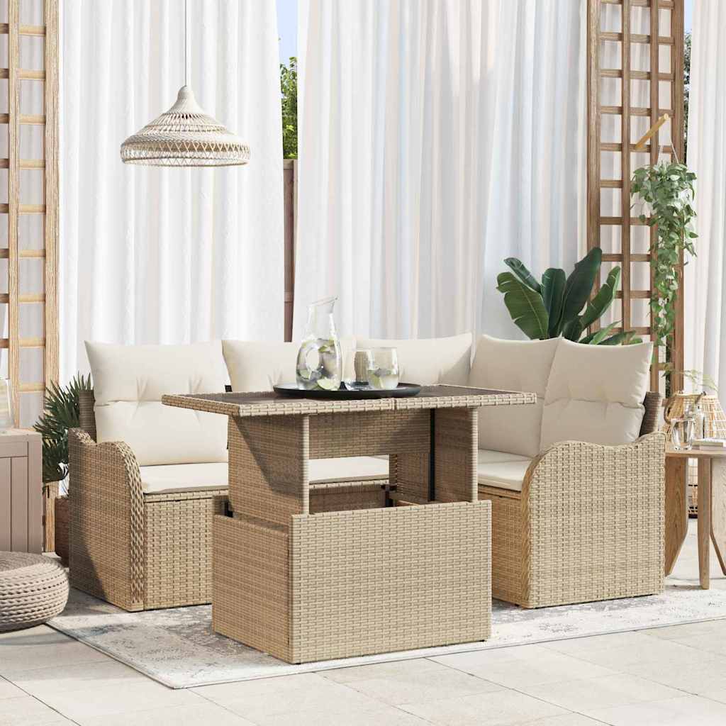 Ensemble de repas extérieur avec coussin 5 pcs Beige Poly rotin