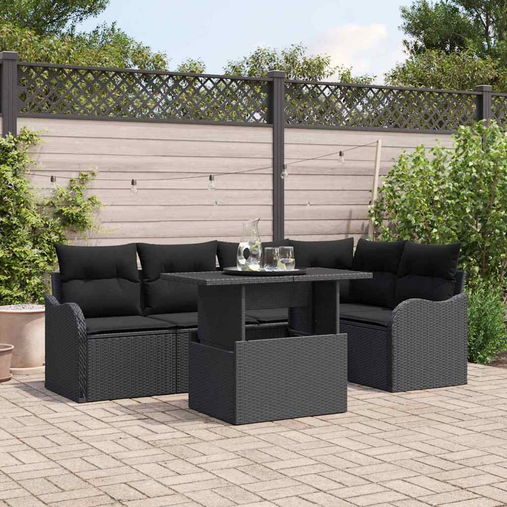 Ensemble de salle à manger avec coussin 6 pcs Noir Poly rotin