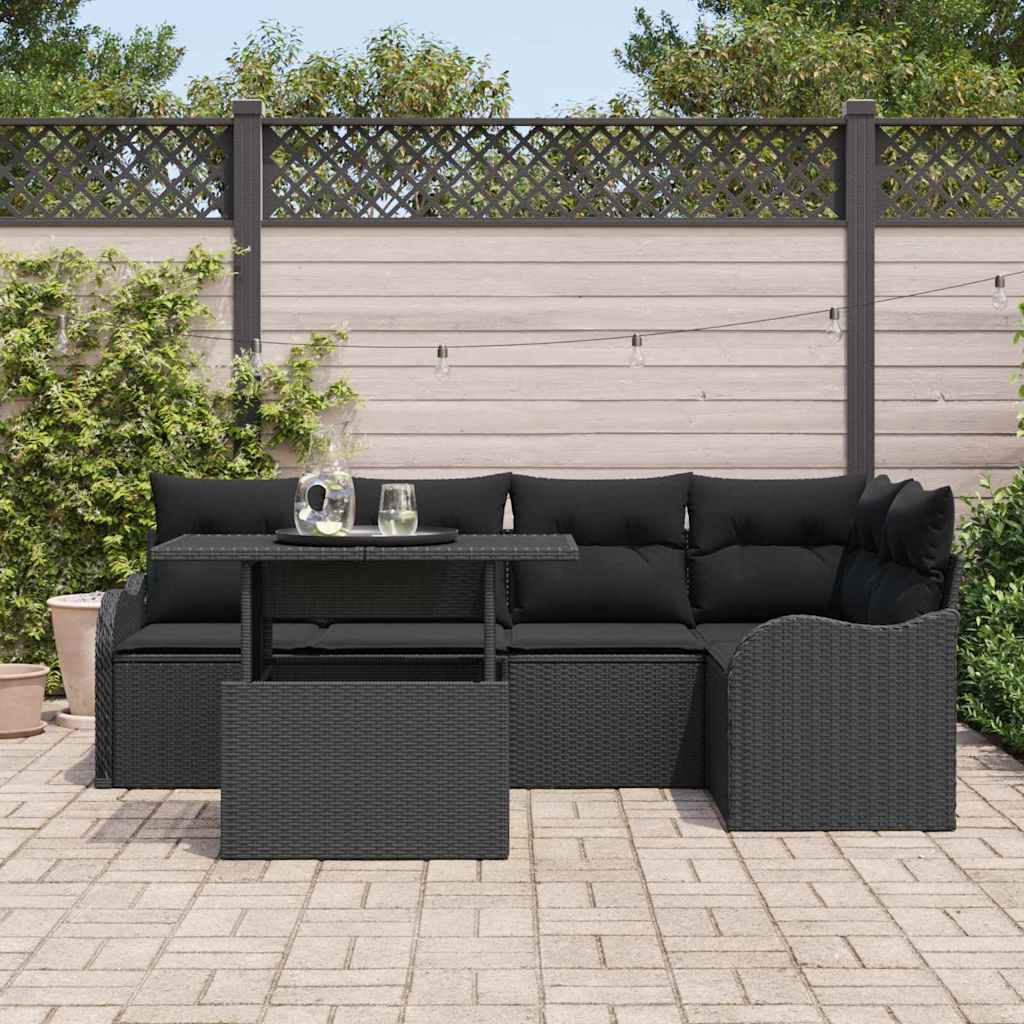 Ensemble de salle à manger avec coussin 6 pcs Noir Poly rotin