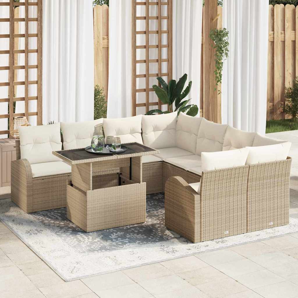 Ensemble de canapé de jardin 9 pcs Beige polyrotin