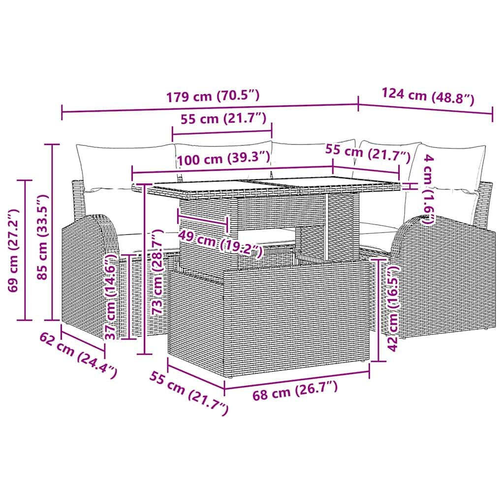 Ensemble de canapé de jardin 5 pcs Marron Poly rotin - XIOS