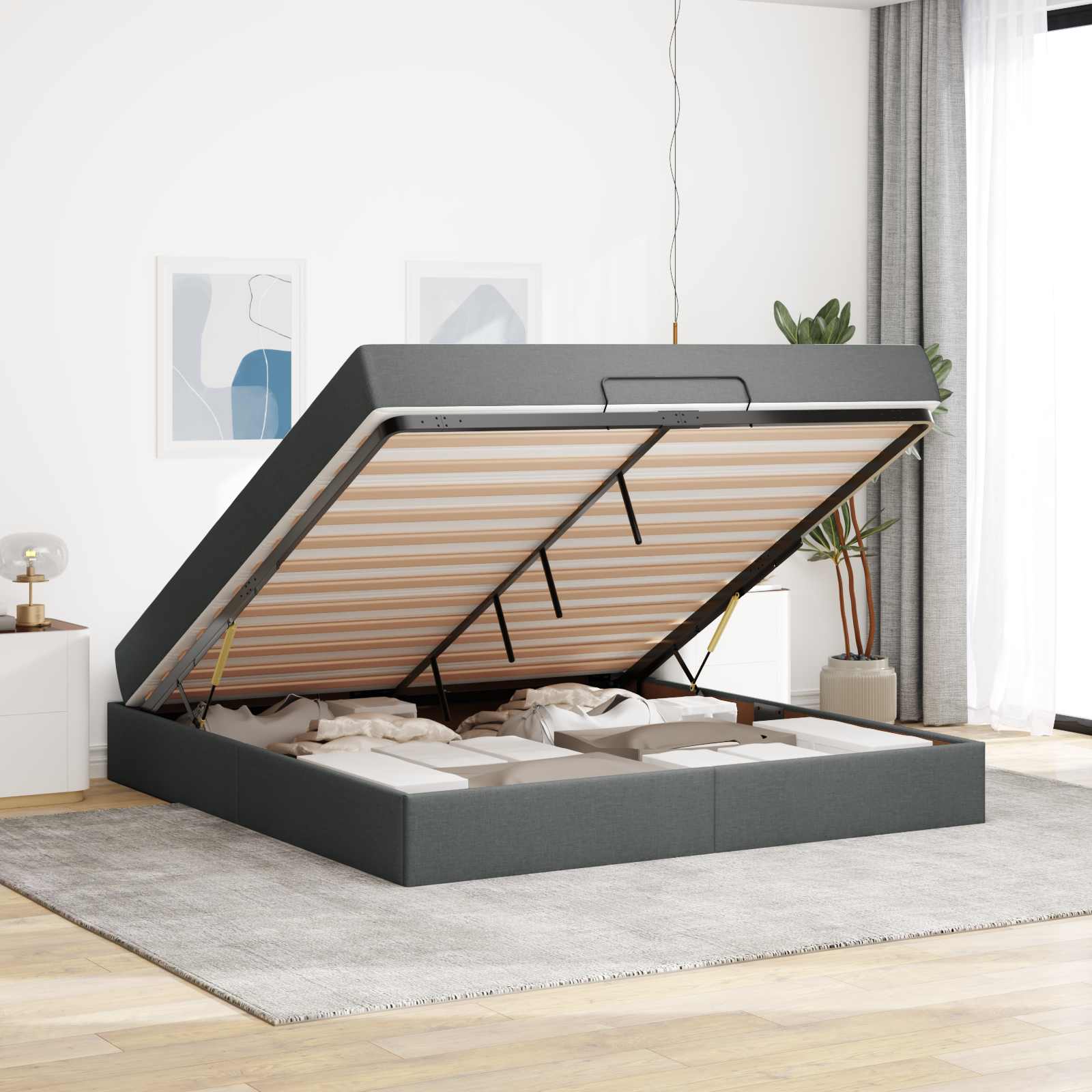 Cadre de lit avec matelas 2 pc Gris Foncé tissu