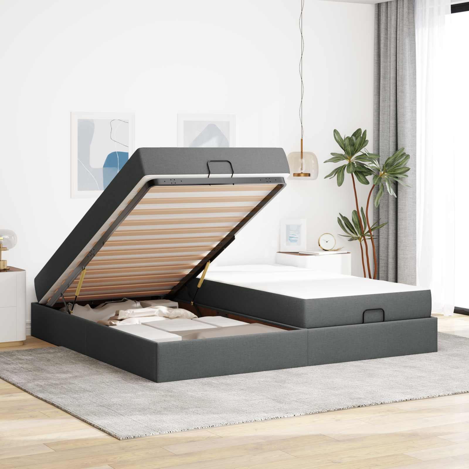 Cadre de lit avec matelas avec matelas 2 pcs Gris Foncé tissu - XIOS