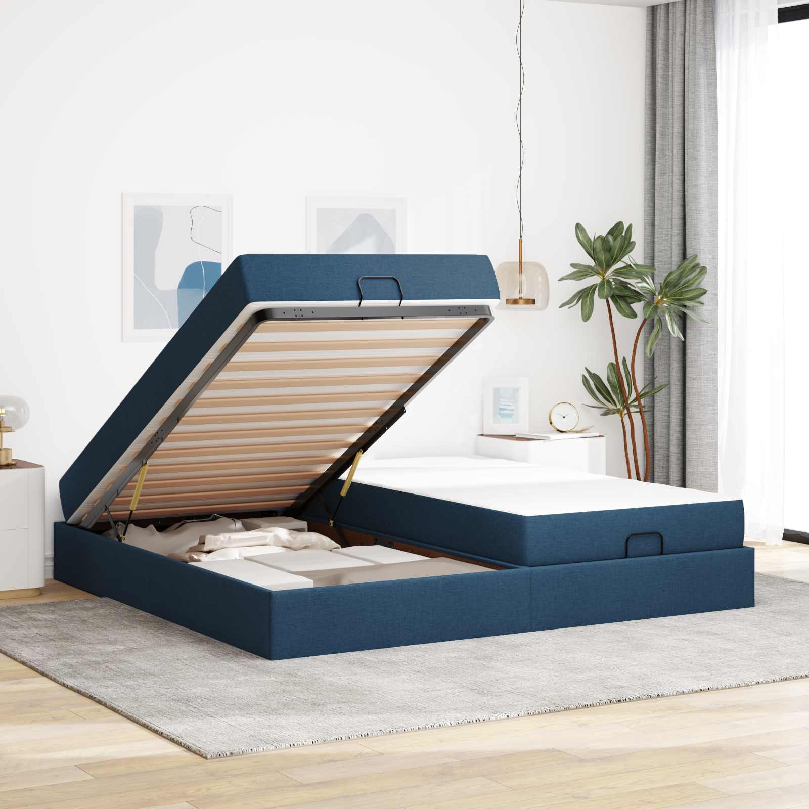 Cadre de lit avec matelas avec matelas 2 pcs Bleu tissu - XIOS