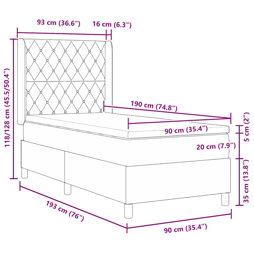 Lit à ressorts avec matelas Gris foncé 90 x 190 cm Velours