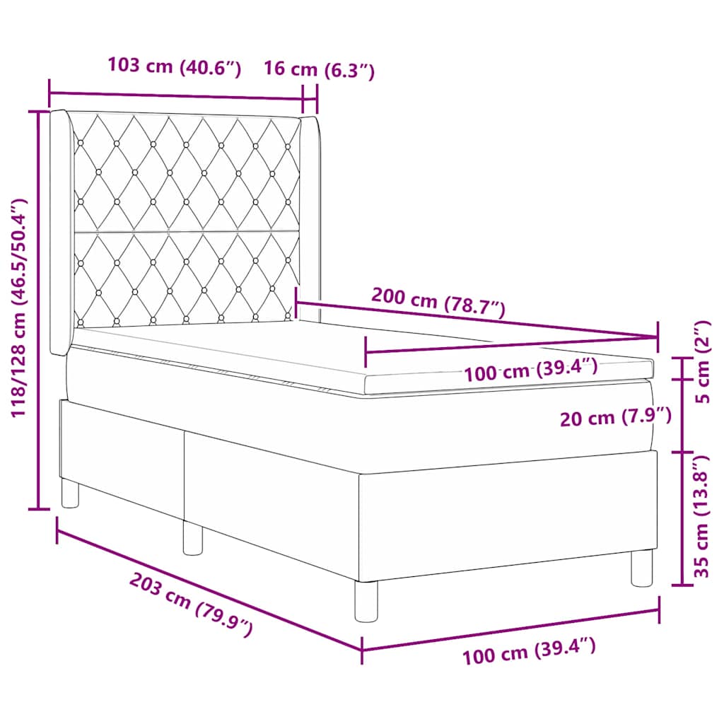 Lit à ressorts avec matelas Gris clair 100 x 200 cm Velours