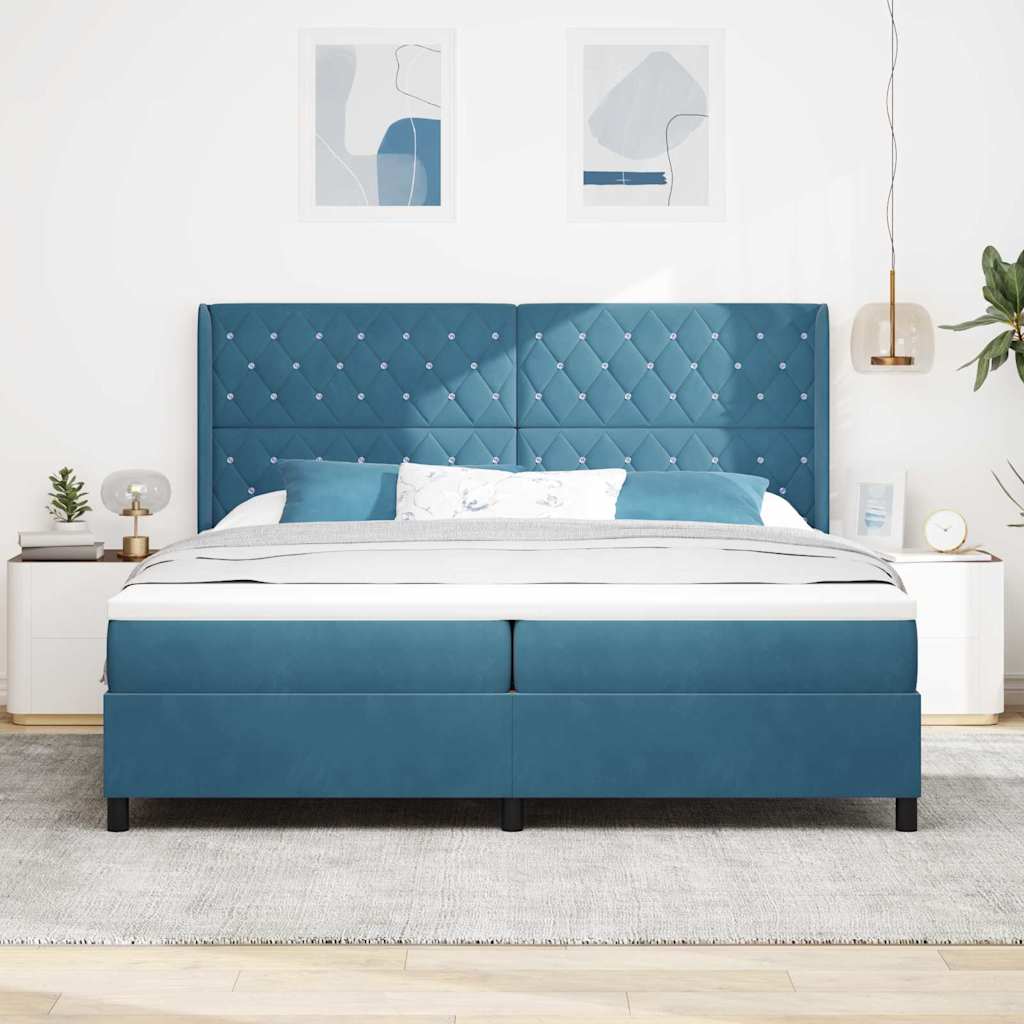 Lit à ressorts avec tête de lit Bleu 200 x 200 cm Velours