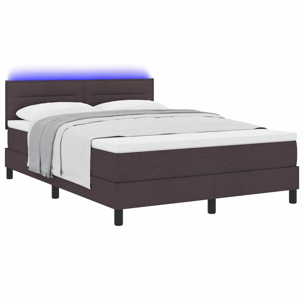 Lit à ressorts avec bandes LED Marron foncé 140 x 200 cm tissu
