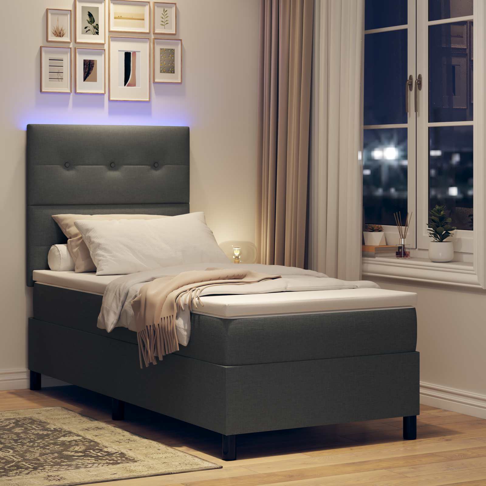 Lit à ressorts avec bandes LED Gris foncé 90 x 200 cm tissu