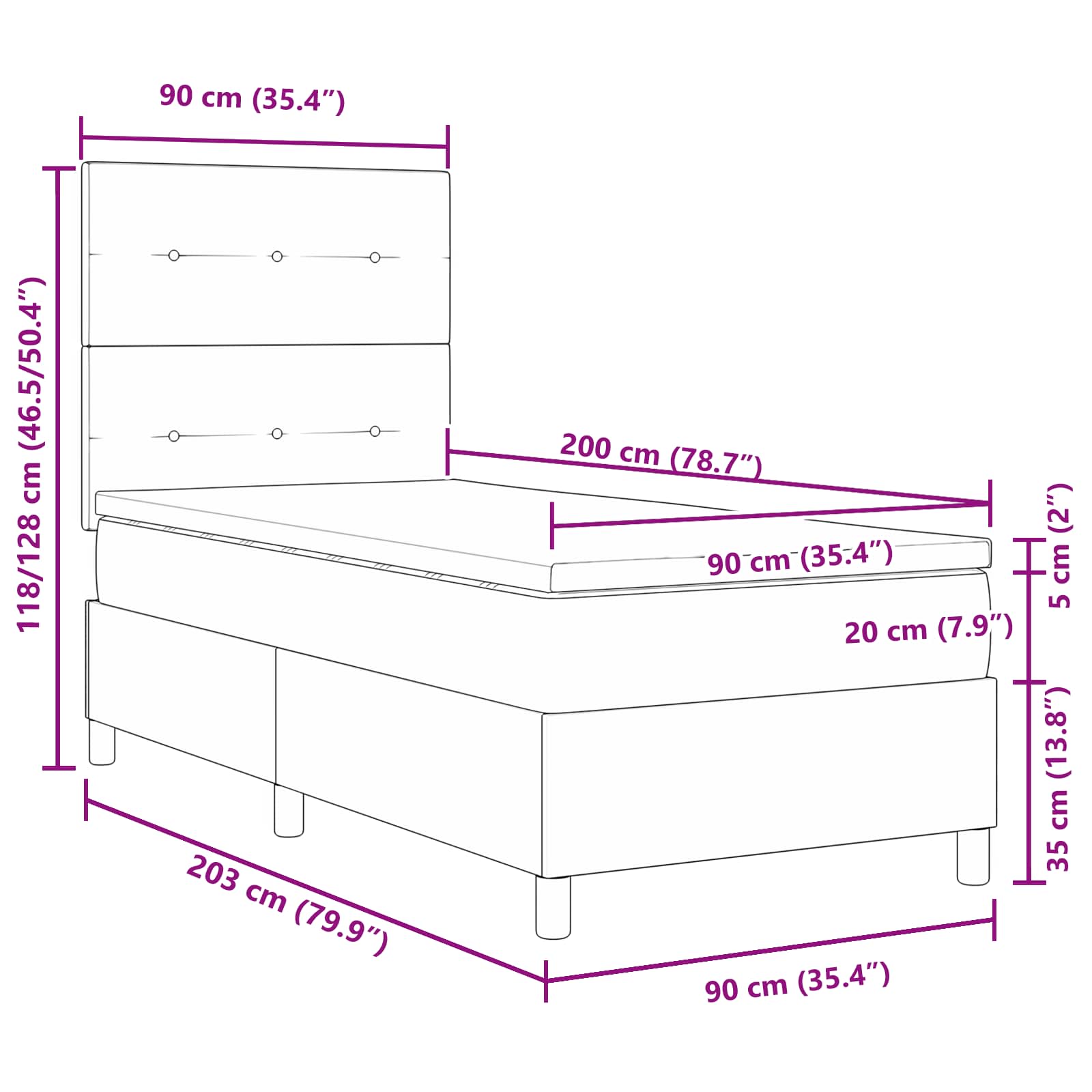 Lit à ressorts avec bandes LED Gris foncé 90 x 200 cm tissu