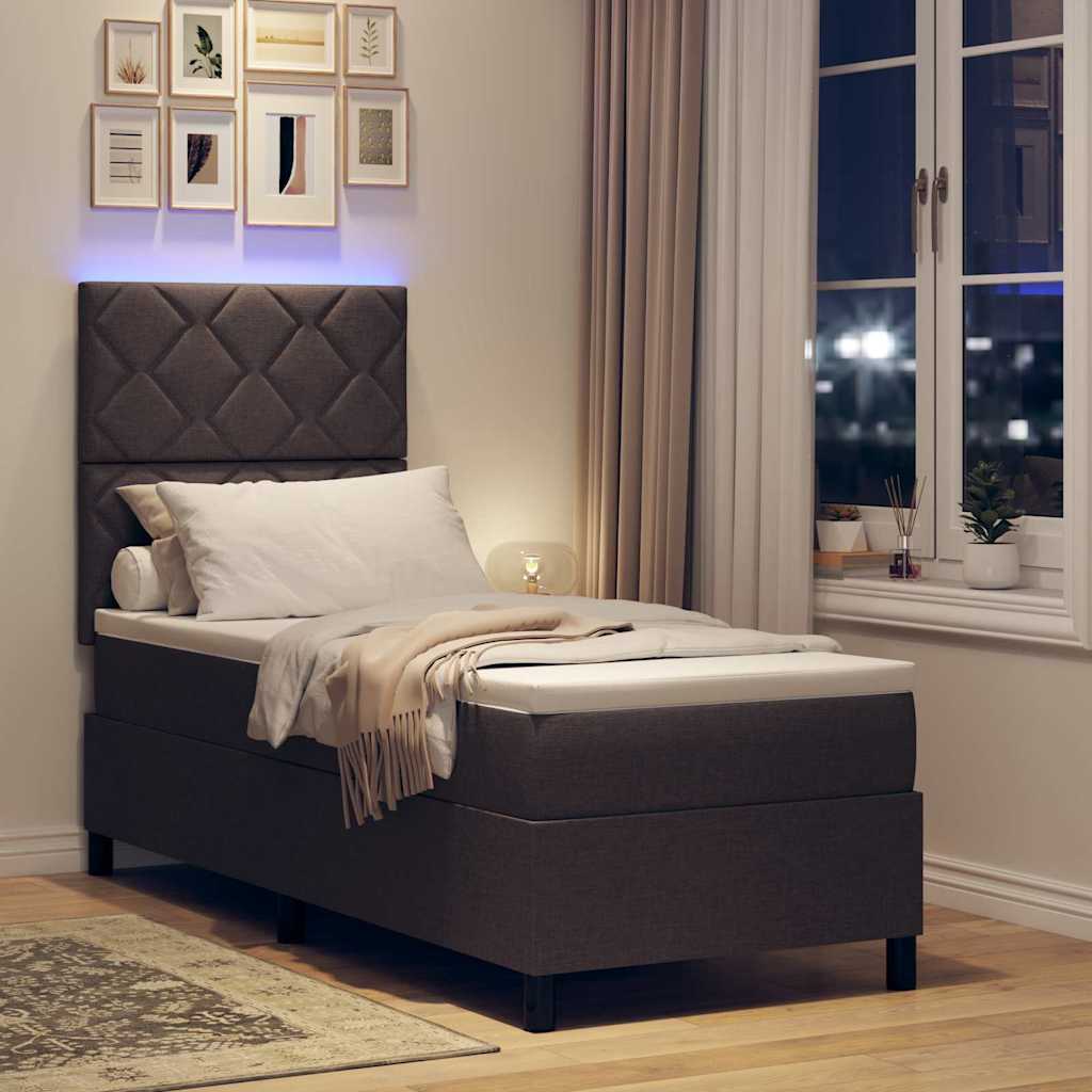 Lit à ressorts avec bandes LED Marron foncé 80 x 200 cm tissu