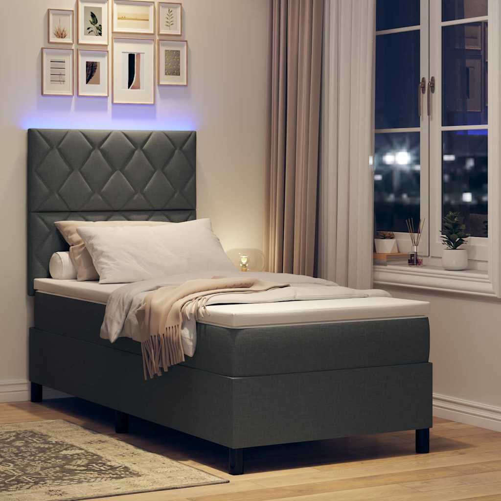 Lit à ressorts avec bandes LED Gris foncé 100 x 200 cm tissu
