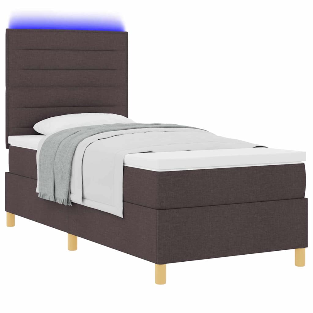 Lit à ressort LED avec matelas Marron foncé 90 x 200 cm tissu