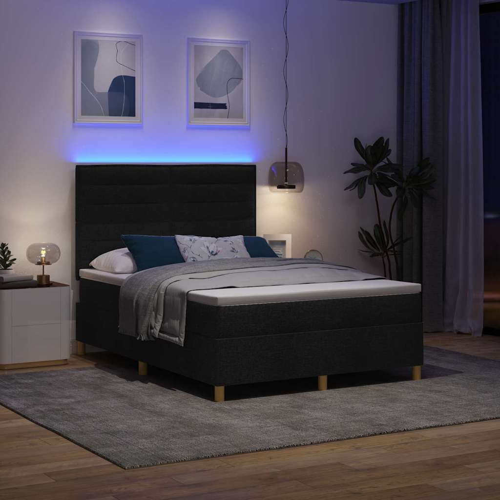 Lit à ressort LED avec matelas Noir 140 x 200 cm tissu