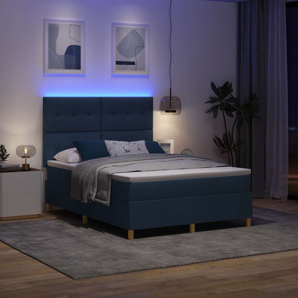 Lit à ressort LED avec tête de lit Bleu 140 x 200 cm tissu