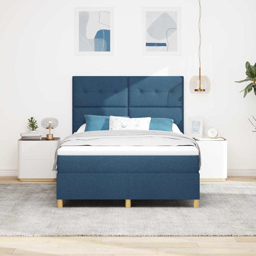 Lit à ressort LED avec tête de lit Bleu 140 x 200 cm tissu