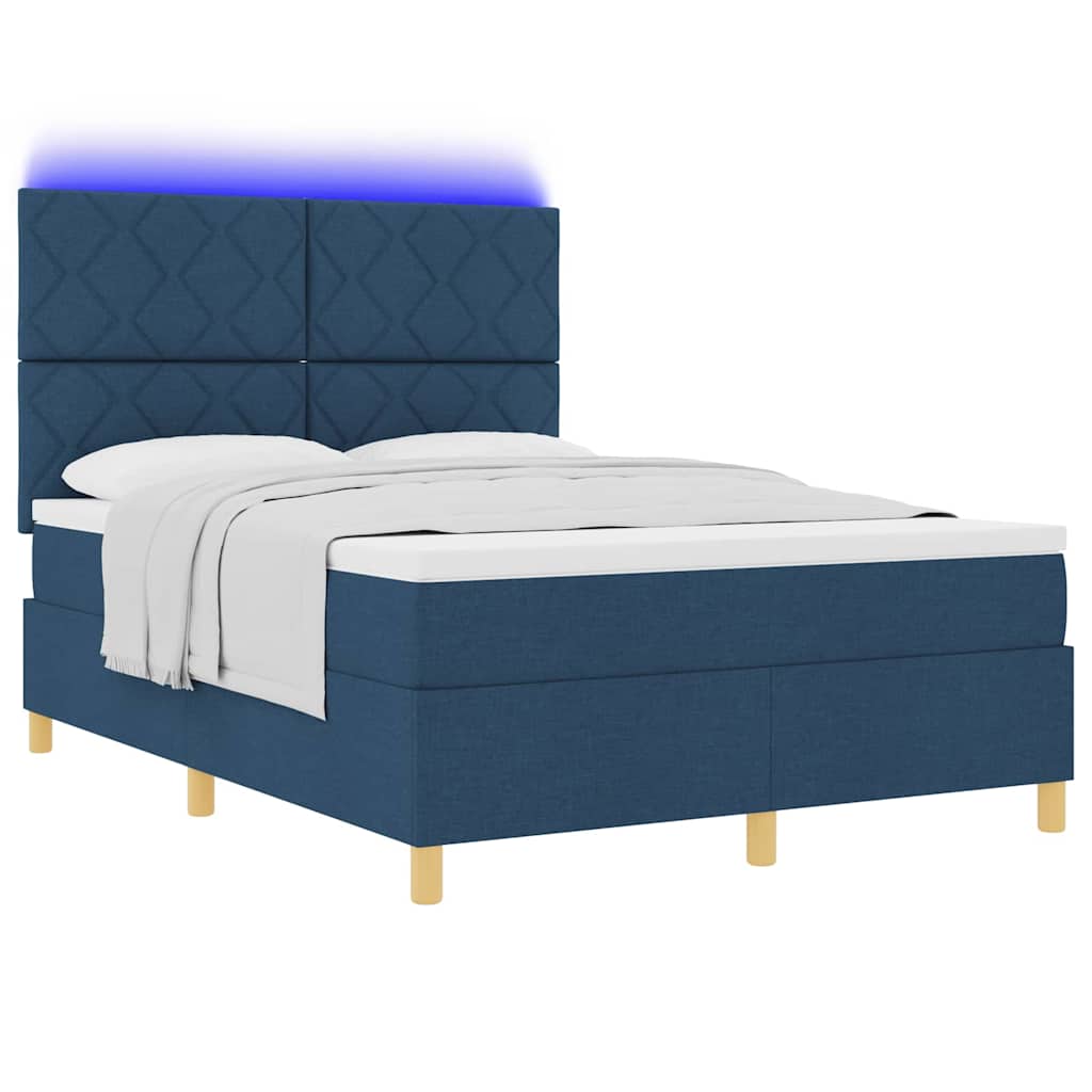 Lit à ressort LED avec tête de lit Bleu 140 x 190 cm tissu