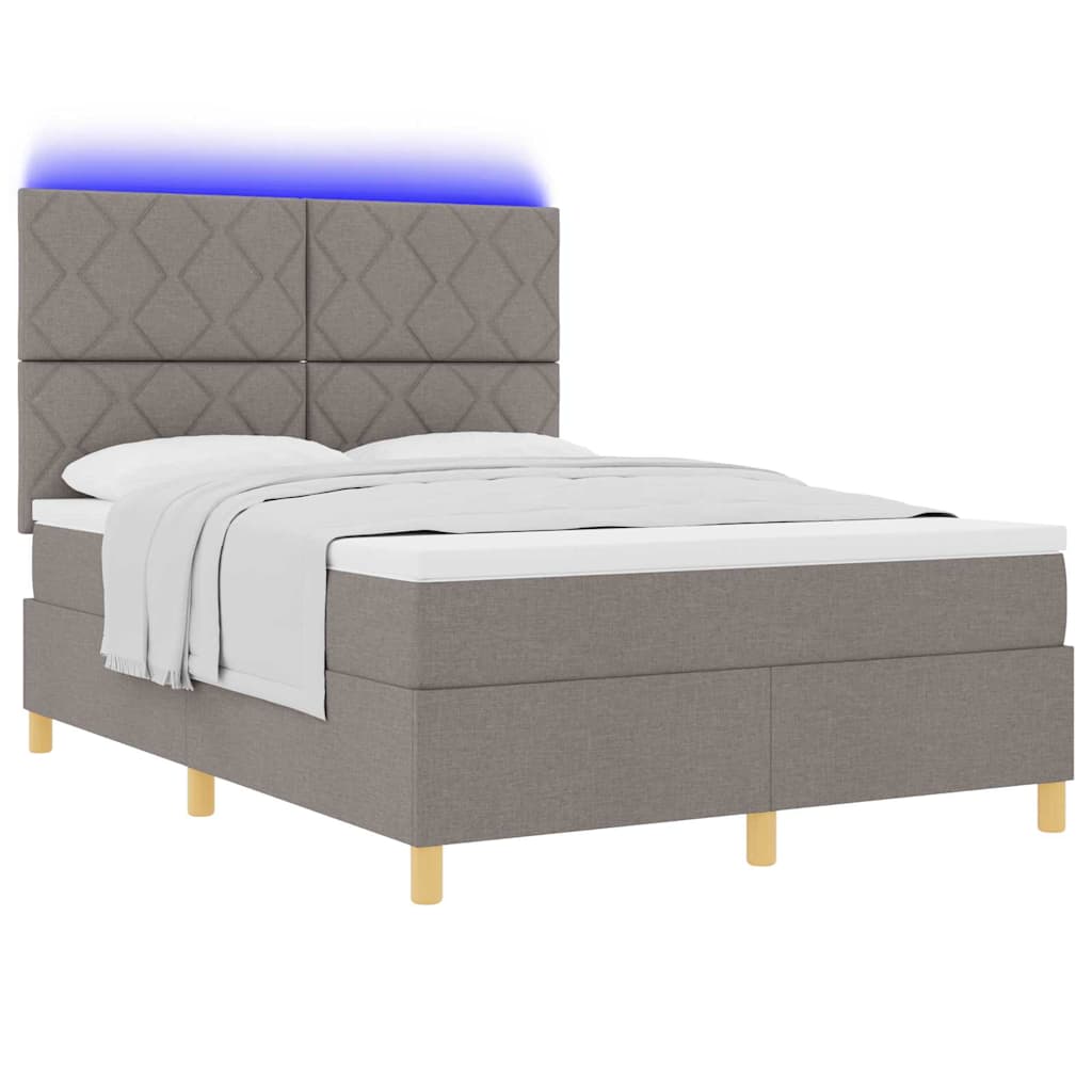 Lit à ressort LED avec tête de lit Taupe 140 x 200 cm tissu