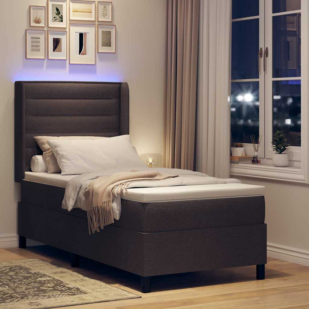 Lit à ressort LED avec matelas Marron foncé 90 x 200 cm tissu