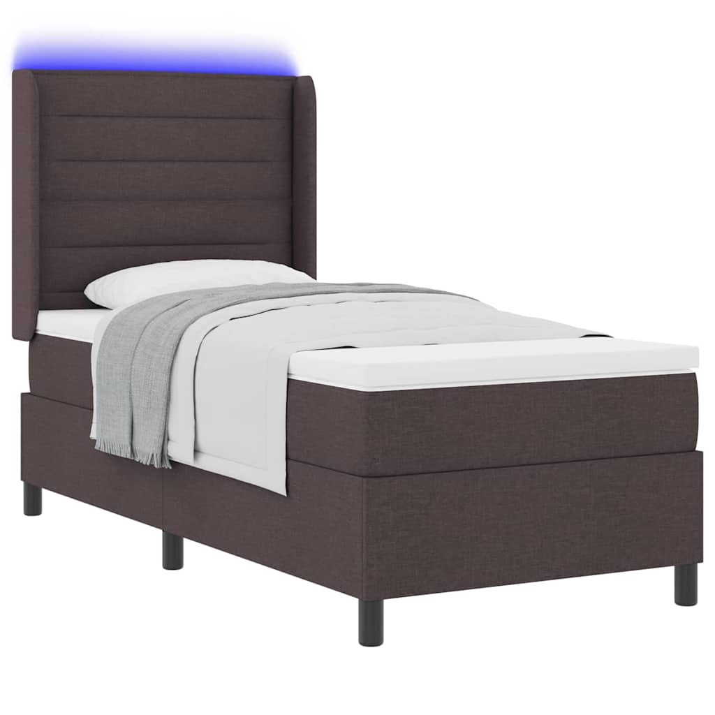 Lit à ressort LED avec matelas Marron foncé 90 x 200 cm tissu