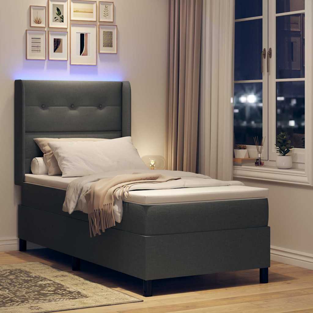 Lit à ressort LED avec tête de lit Gris foncé 90 x 200 cm tissu