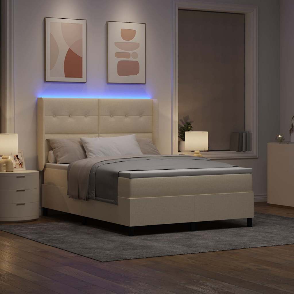 Lit à ressort LED avec tête de lit Crème 140 x 190 cm tissu