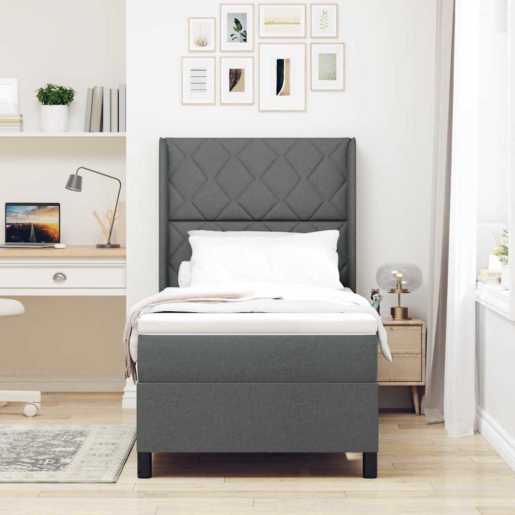 Lit à ressort LED avec tête de lit Gris foncé 90 x 200 cm tissu