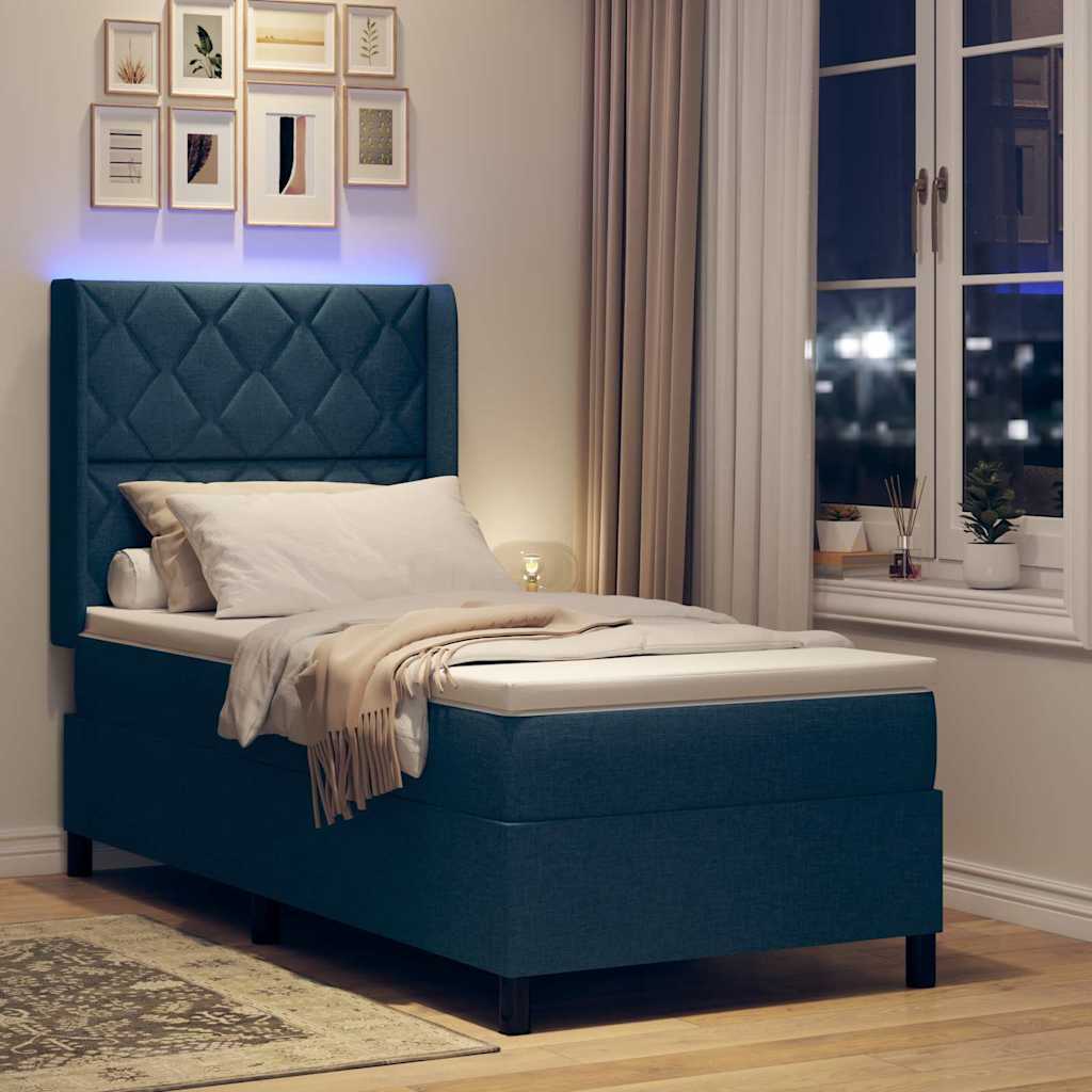 Lit à ressort LED avec tête de lit Bleu 90 x 200 cm tissu