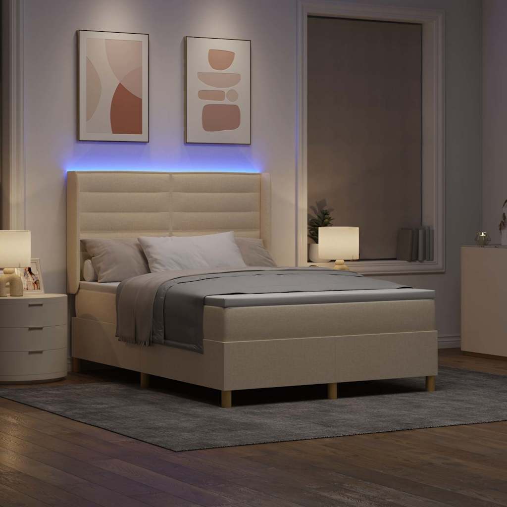 Lit à ressorts avec bandes LED Crème 140 x 190 cm tissu