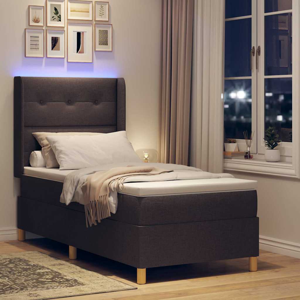 Lit à ressorts avec bandes LED Marron 90 x 200 cm tissu
