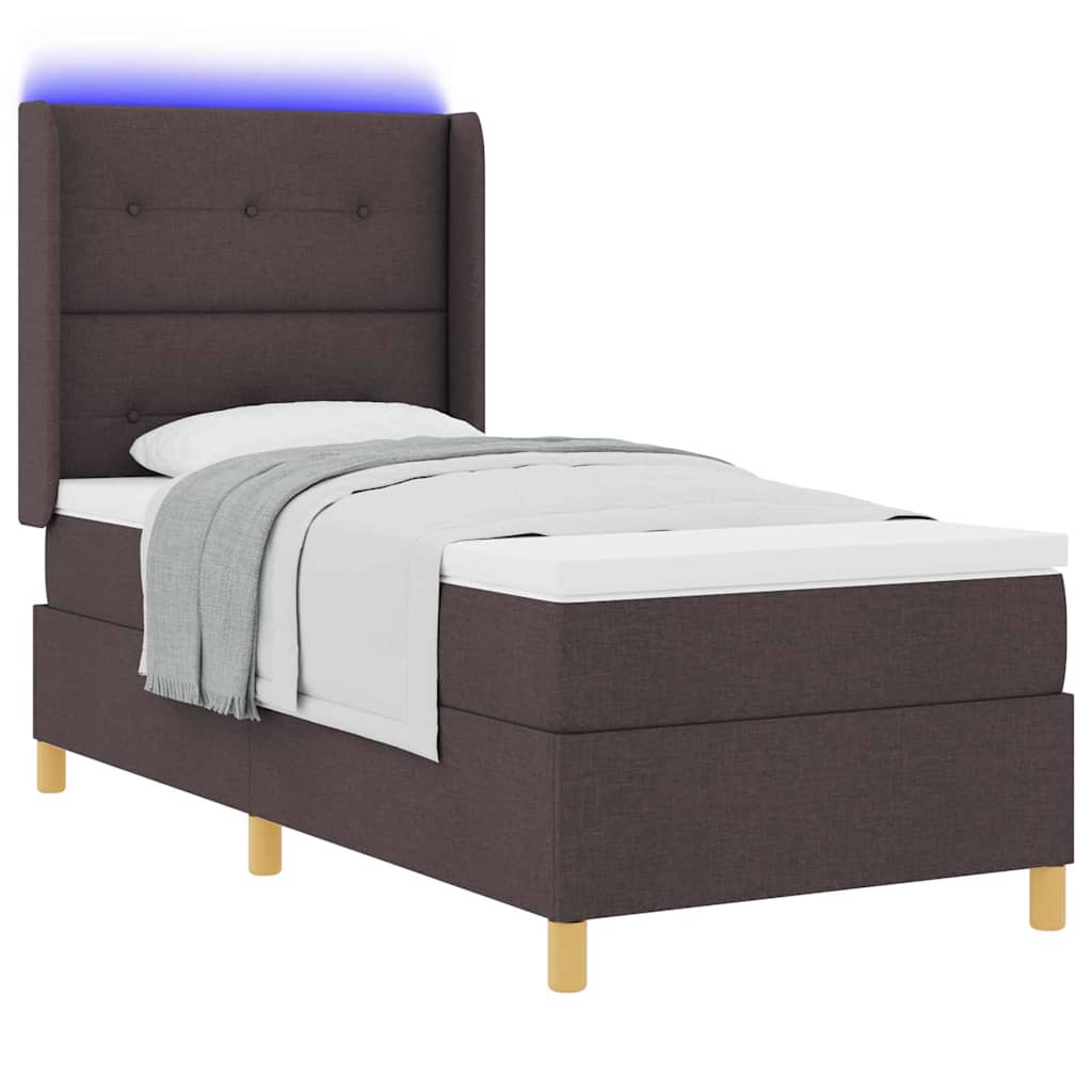 Lit à ressorts avec bandes LED Marron 90 x 200 cm tissu