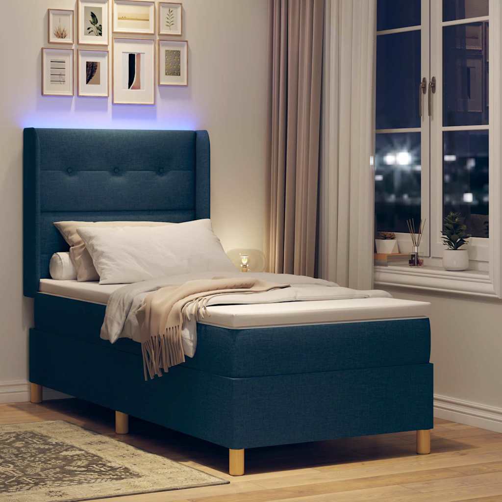 Lit à ressorts avec bandes LED Bleu 90 x 200 cm tissu