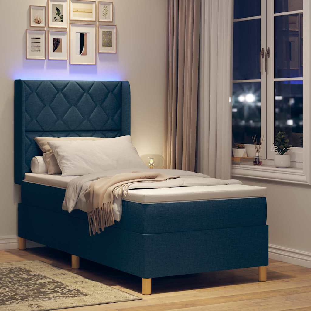 Lit à ressorts avec bandes LED Bleu 90 x 190 cm tissu