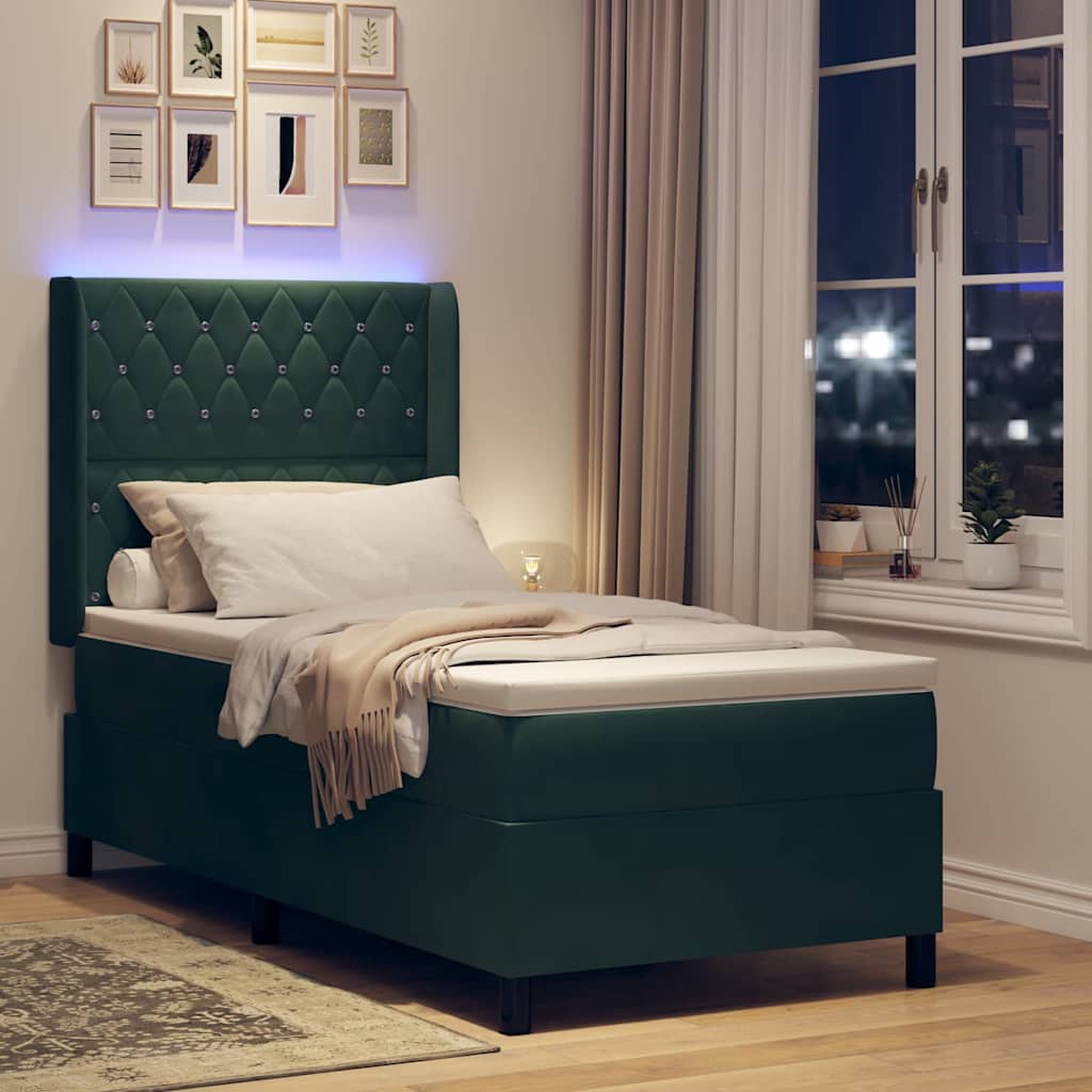Lit à ressorts avec matelas Vert foncé 90 x 190 cm Velours