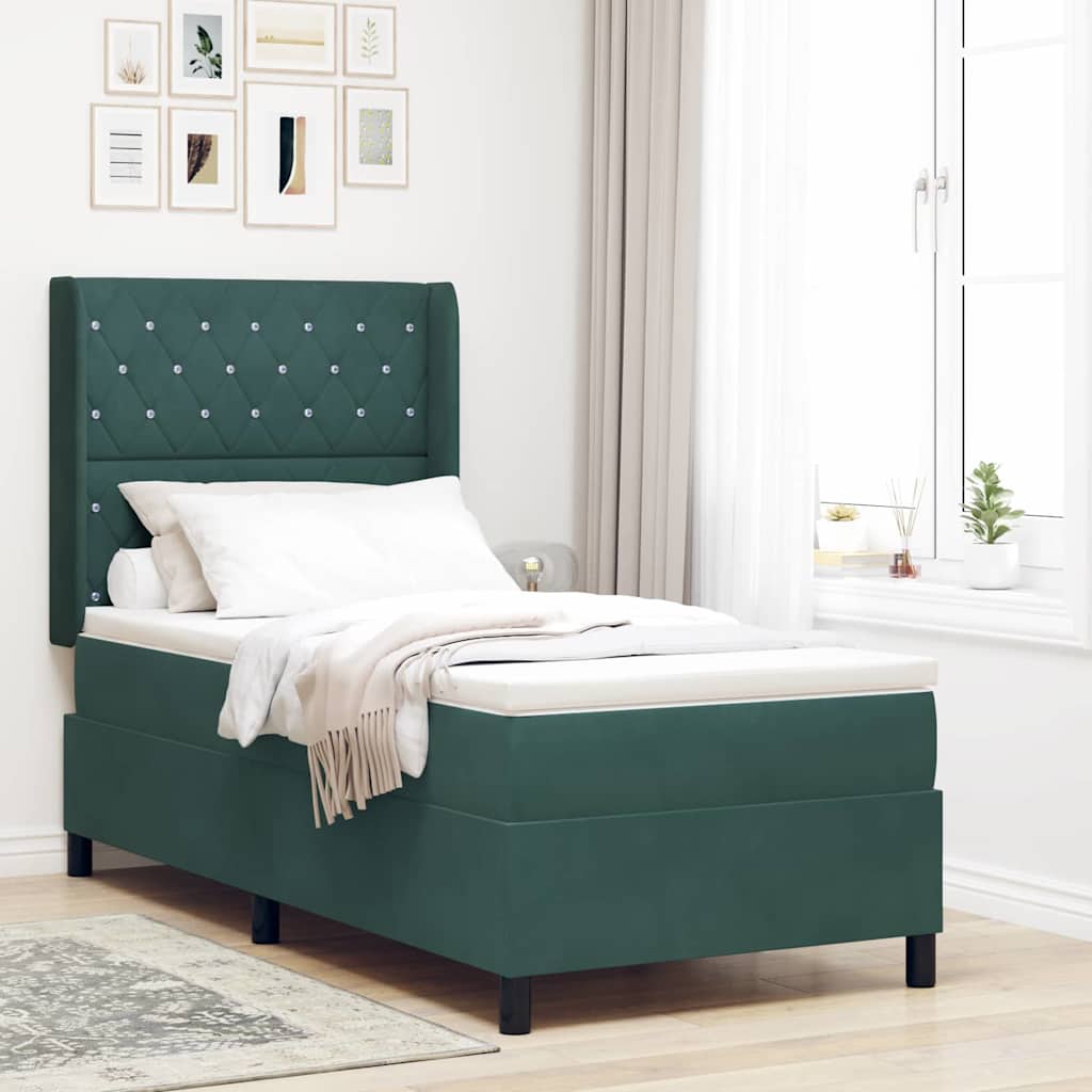 Lit à ressorts avec matelas Vert foncé 90 x 190 cm Velours