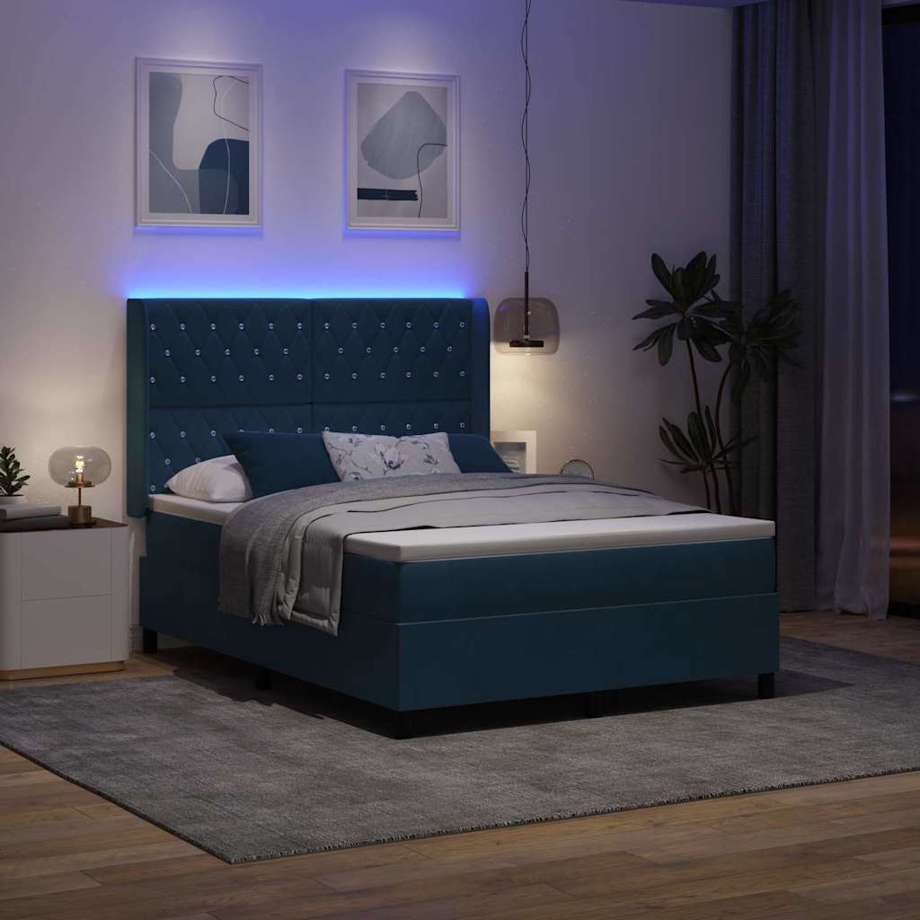 Lit à Ressorts avec Matelas LED Bleu 160 x 200 cm Velours - XIOS