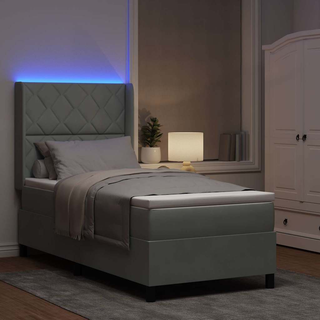 Lit à ressorts avec bandes LED Gris clair 100 x 200 cm Velours