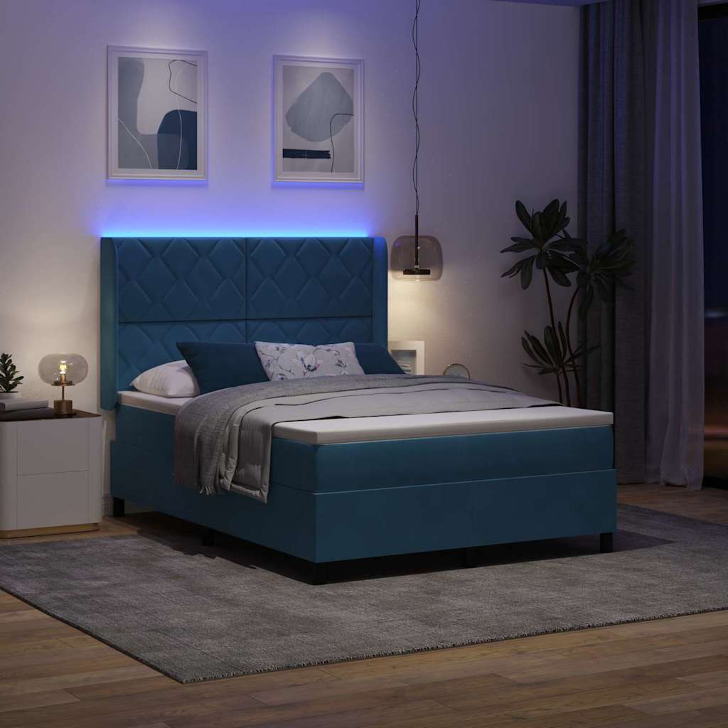 Lit à ressorts avec bandes LED Bleu 160 x 200 cm Velours