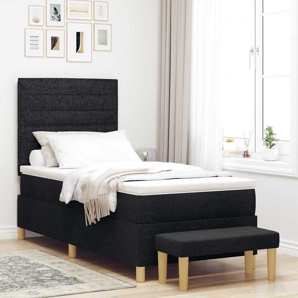 Lit à ressorts avec matelas Noir 90 x 200 cm tissu