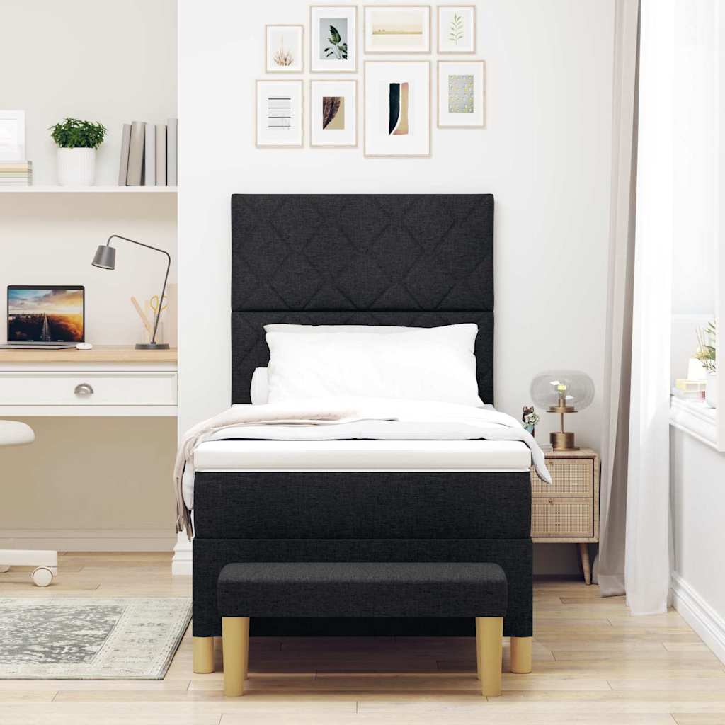 Lit à ressorts avec coussin Noir 190 x 90 cm tissu