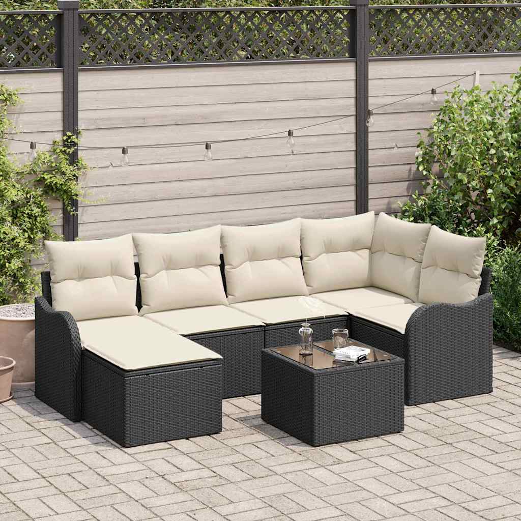 Ensemble de canapé de jardin 7 pcs Noir et blanc Poly rotin