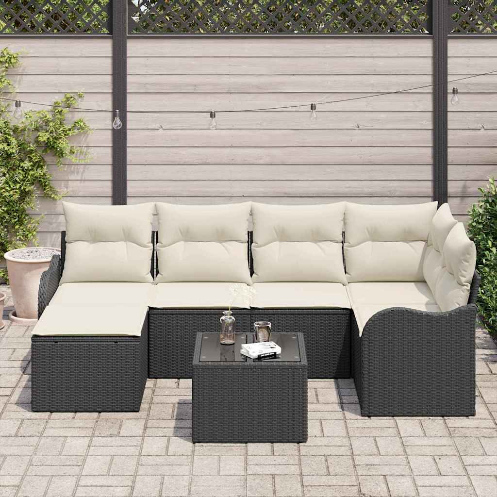 Ensemble de canapé de jardin 7 pcs Noir et blanc Poly rotin