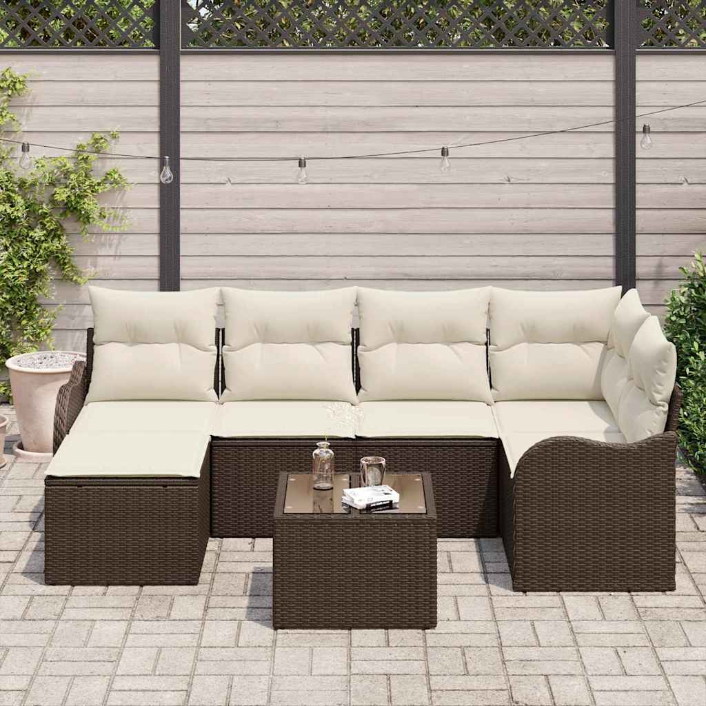 Ensemble de canapé de jardin 7 pcs Marron et blanc Poly rotin