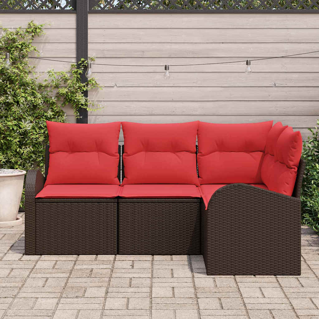 Ensemble de canapé de jardin 4 pcs Marron et rouge polyrotin