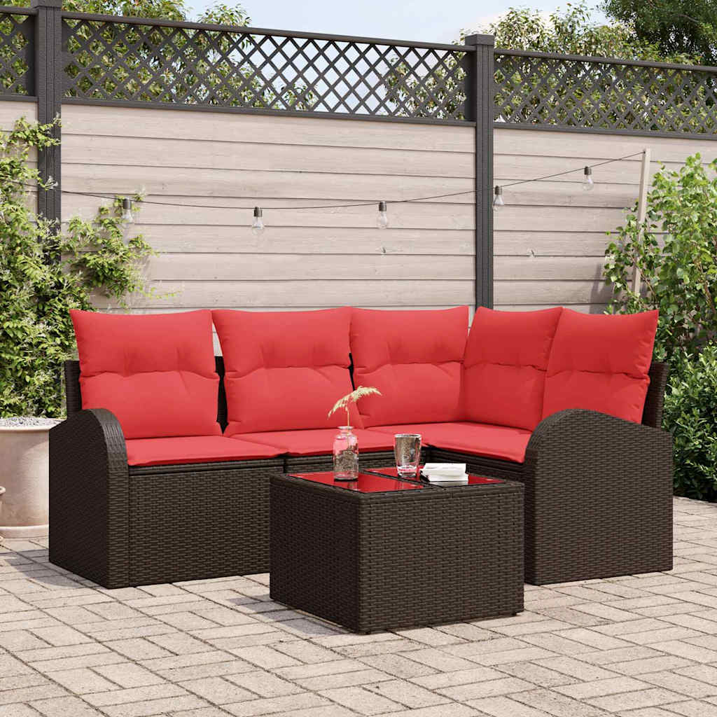 Ensemble de canapé de jardin 5 pcs Marron et rouge polyrotin