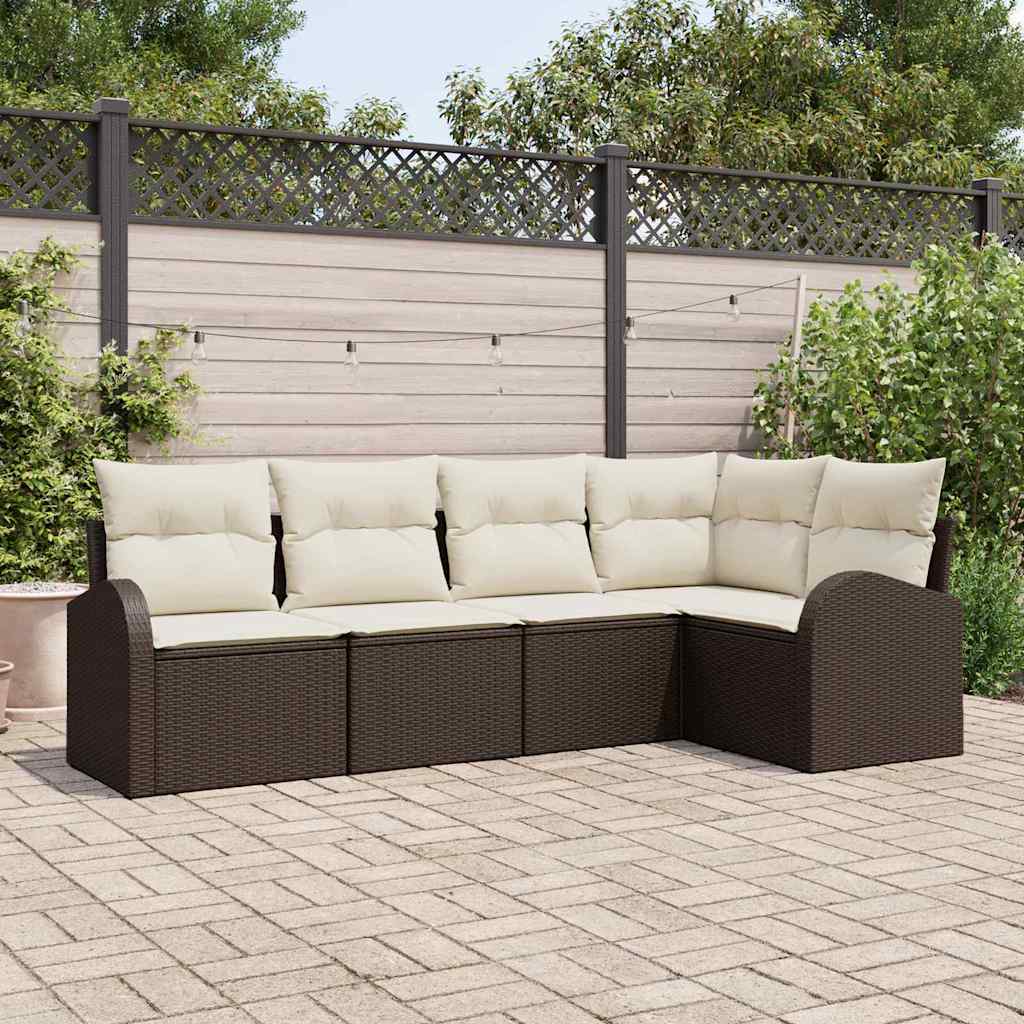 Ensemble de canapé de jardin 5 pcs Marron et blanc polyrotin