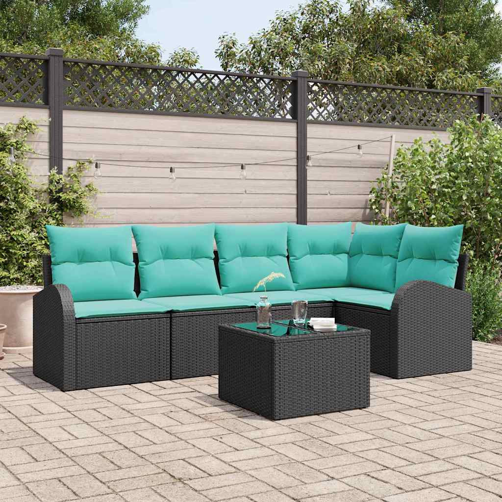 Ensemble de canapé de jardin 6 pcs Noir et turquoise polyrotin