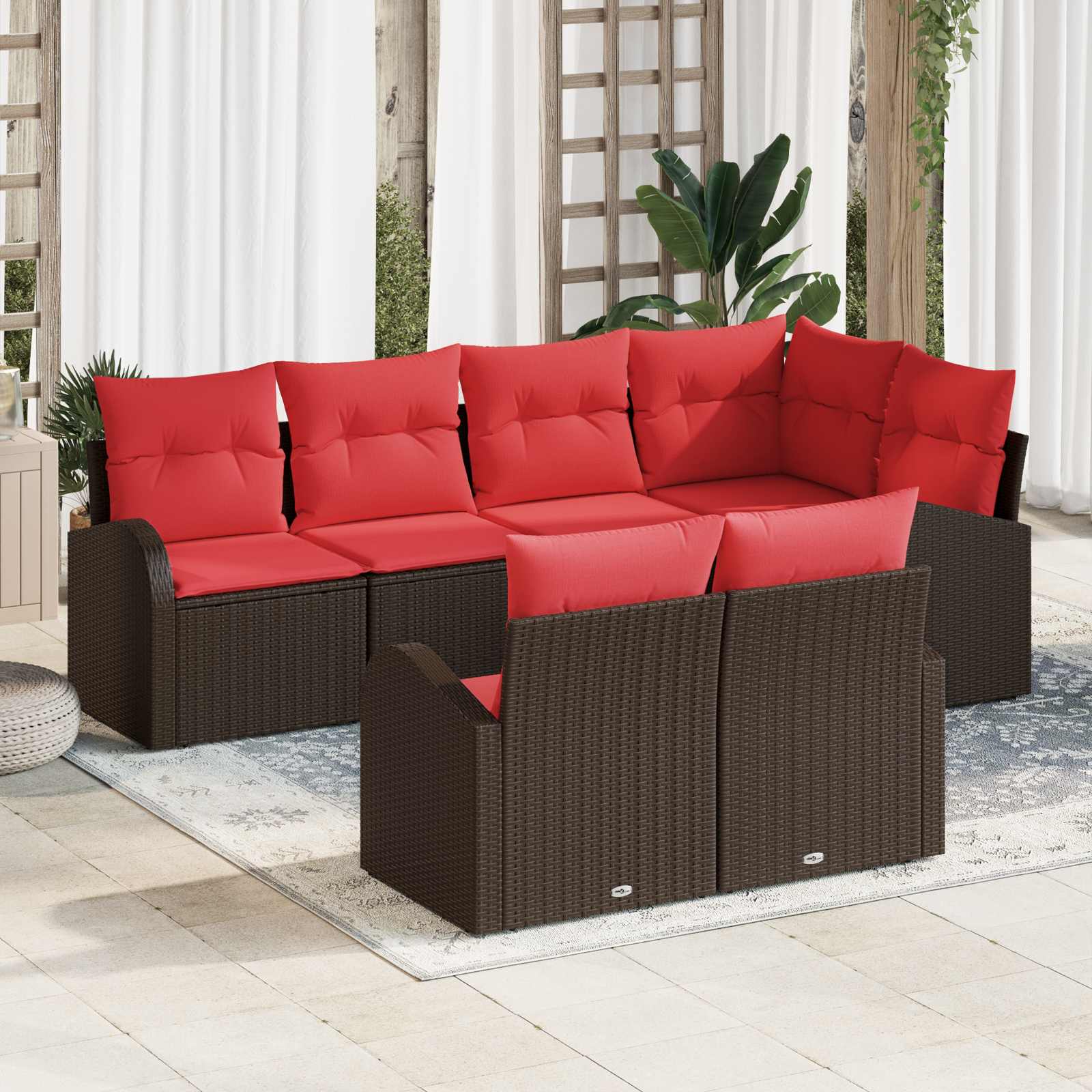 Ensemble de canapé de jardin 7 pcs Marron et rouge polyrotin - XIOS