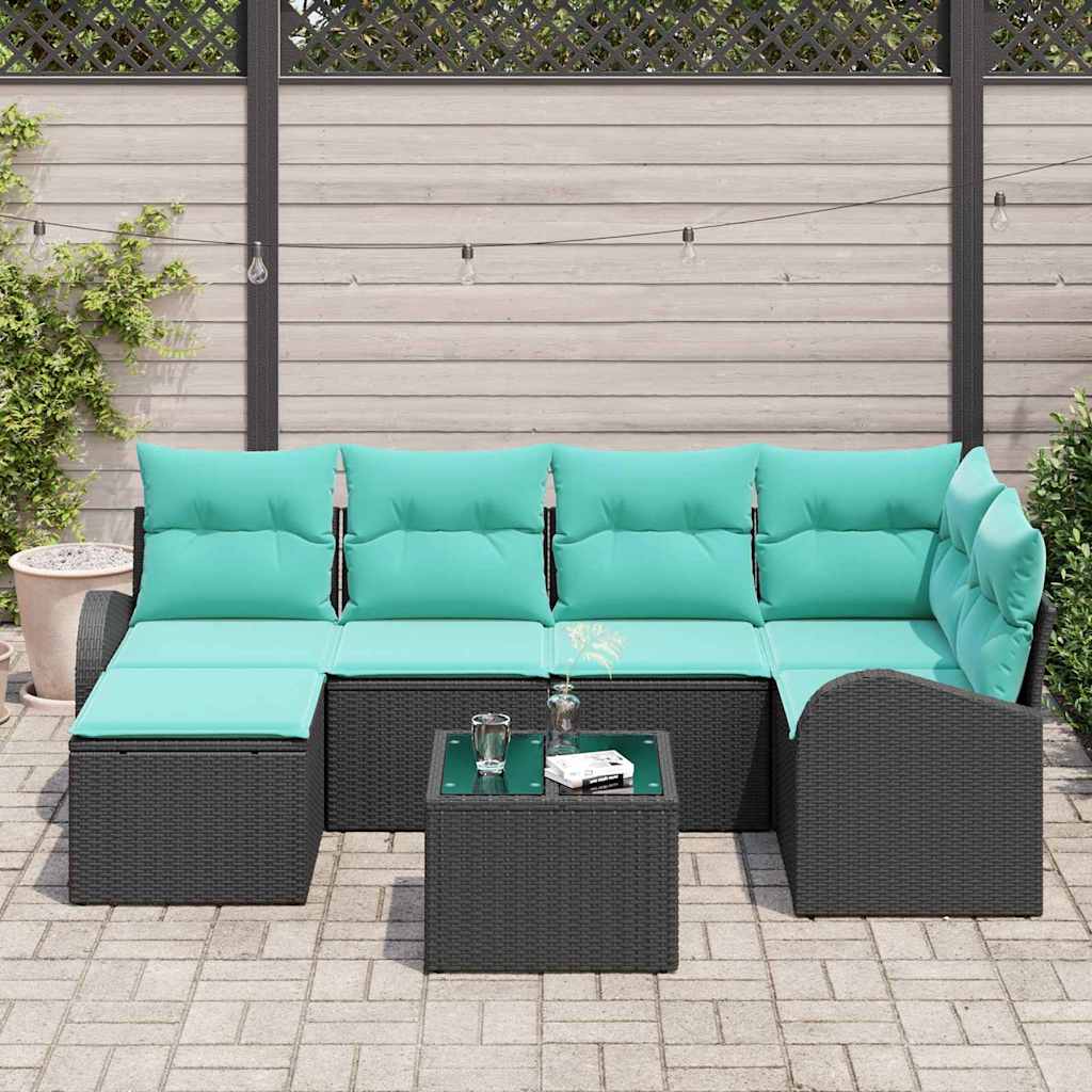 Ensemble de Canapés 7 pcs Noir et turquoise polyrotin